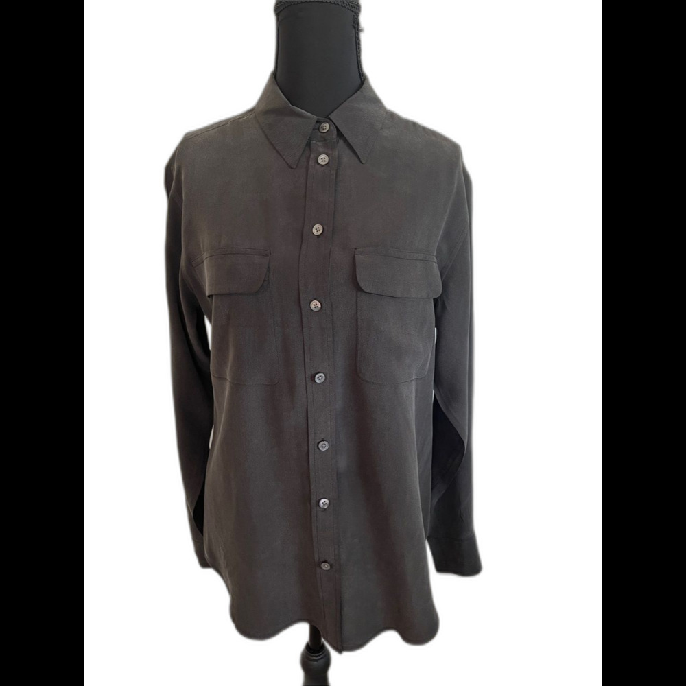 Equipment Femme Charcoal Gray Long Sleeve Silk Button Down Top XS Minimalist